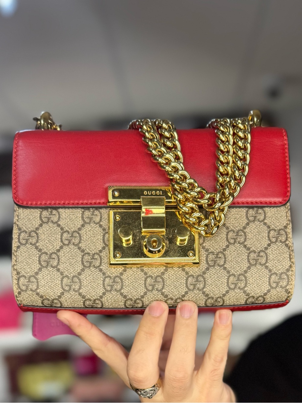 Gucci Red Leather & GG Supreme Canvas Shoulder Bag with Gold Chain